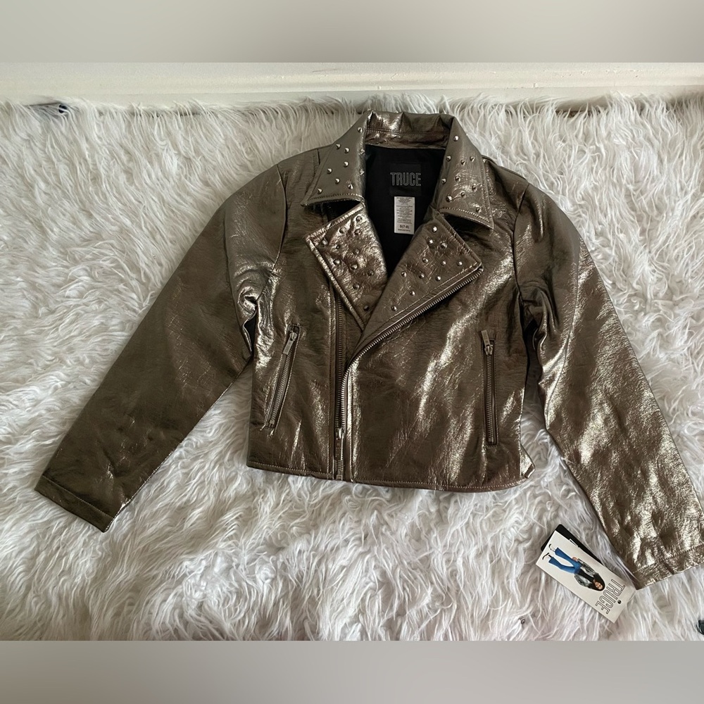 NWT Girls TRUCE Gunmetal Sttuded Moto Jacket Metal Faux Leather Size 7/8